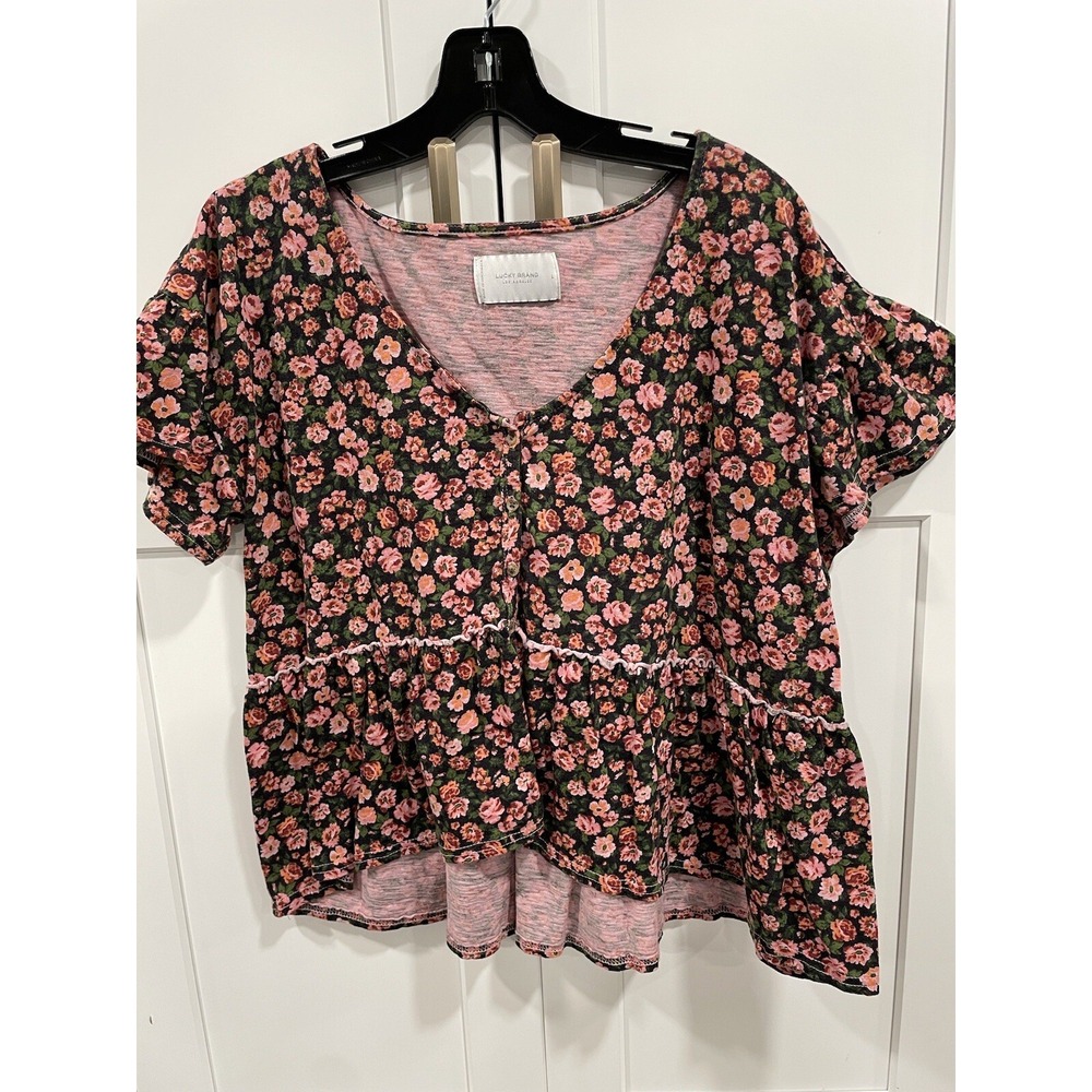 Lucky Brand Shirt Womens Sz L Pink Floral Flowy Comfort Bohemian SI14
